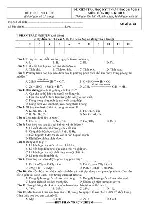 Đề kiểm tra học kỳ II môn Hóa học - khối 8