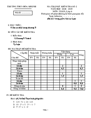 Đề kiểm tra số 2 môn Toán, lớp 1 - Trường THCS Hòa Khánh