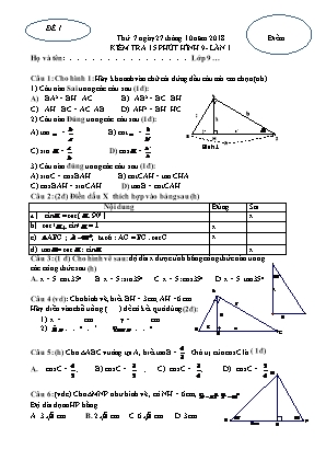 4 Đề kiểm tra 15 phút lần 1 môn Hình học Lớp 9 - Năm học 2018-2019