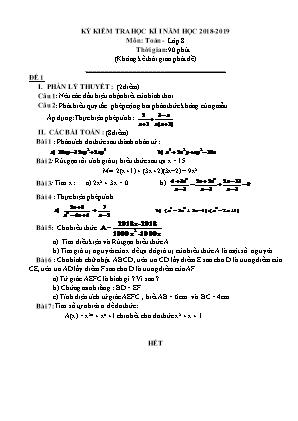 Bộ đề kiểm tra học kỳ I môn Toán Lớp 8 - Năm học 2018-2019 (Có đáp án)