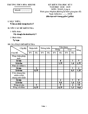 Đề kiểm tra học kỳ I môn Toán Lớp 6 - Năm học 2018-2019 - Trường THCS Hòa Khánh (Có đáp án)