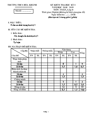 Đề kiểm tra học kỳ I môn Toán Lớp 8 - Năm học 2018-2019 - Trường THCS Hòa Khánh (Có đáp án)
