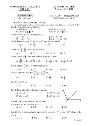 Đề kiểm tra học kỳ II môn Toán Lớp 6 - Năm học 2018-2019 - Phòng giáo dục và đào tạo Phú Hoà (Có đáp án)