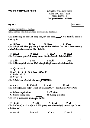 Đề kiểm tra học kỳ II môn Toán Lớp 9 - Mã đề 012 - Năm học 2017-2018 - Trường THCS Thanh Phong