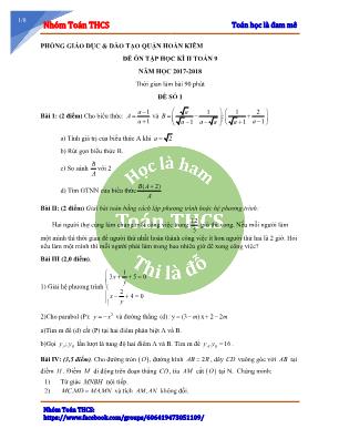 Đề ôn tập học kỳ II môn Toán Lớp 9 - Năm học 2017-2018 - Phòng giáo dục và đào tạo Hoàn Kiếm (Có đáp án)