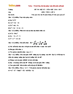 Đề thi học kỳ I môn Toán Lớp 8 - Năm học 2016-2017 (Có đáp án)