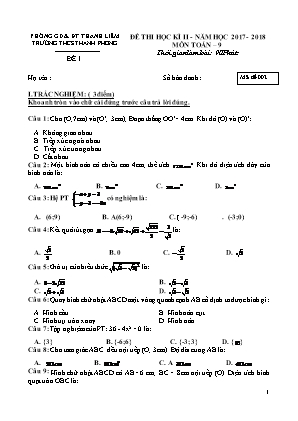 Đề thi học kỳ II môn Toán Lớp 9 - Mã đề 002 - Năm học 2017-2018 - Trường THCS Thanh Phong