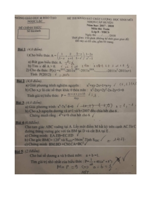 Đề thi khảo sát chất lượng học sinh mũi nhọn cấp huyện môn Toán Lớp 8 - Năm học 2017-2018 - Phòng giáo dục và đào tạo Ngọc Lặc (Có đáp án)