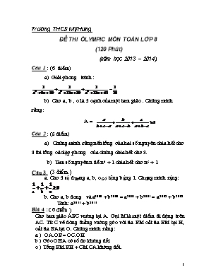 Đề thi ôlympic môn Toán Lớp 8 - Năm học 2013-2014 - Trường THCS Mỹ Hưng (Có đáp án)