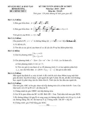 Đề thi tuyển sinh Lớp 10 THPT môn Toán - Năm học 2018-2019 - Sở giáo dục và đào tạo Bình Dương