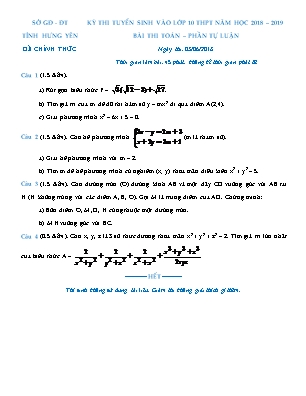 Đề thi tuyển sinh vào Lớp 10 THPT môn Toán - Năm học 2018-2019 - Sở giáo dục và đào tạo Hưng Yên