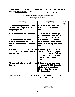 Kế hoạch hoạt động tháng 09 của bộ phận thiết bị - Năm học 2018-2019 - Trường THCS Nhơn Nghĩa