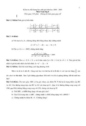 Kiểm tra chất lượng học sinh giỏi môn Toán lớp 8 - Năm học 2008 – 2009