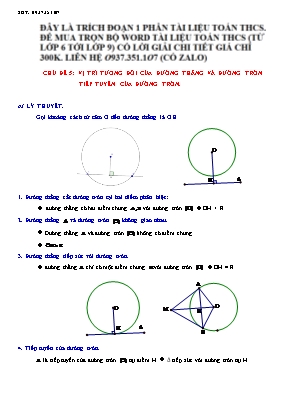 Luyện thi vào Lớp 10 THPT môn Toán - Chủ đề 5: Vị trí tương đối của đường thẳng và đường tròn tiếp tuyến của đường tròn