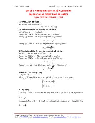 Ôn luyện thi vào Lớp 10 môn Toán - Chủ đề 3: Phương trình bậc hai. Hệ phương trình bậc nhất hai ẩn. Đường thẳng và parabol