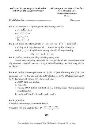 2 Đề kiểm tra học kỳ II môn Toán Lớp 9 - Năm học 2013-2014 - Phòng GD & ĐT Nam Từ Liêm (Có đáp án)