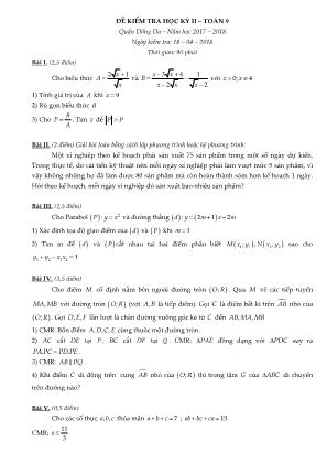 Bộ đề kiểm tra học kì II môn Toán Lớp 9 - Năm học 2017-2018 - Phòng giáo dục và đào tạo Đống Đa