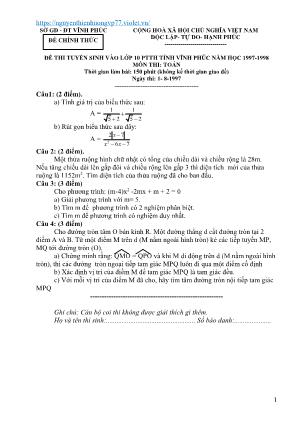 Bộ đề thi tuyển sinh vào Lớp 10 THPT môn Toán từ 1997-2018- Sở giáo dục và đào tạo Vĩnh Phúc