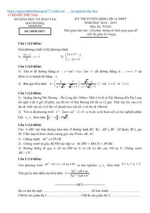 Bộ đề thi tuyển sinh vào Lớp 10 trung học phổ thông môn Toán - Năm học 2018-2019