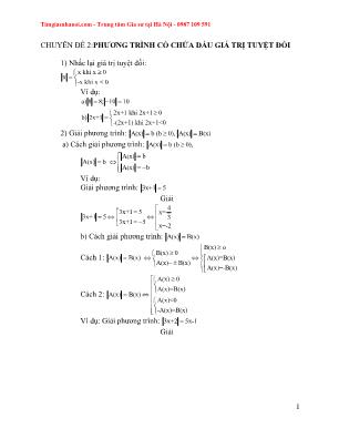 Các chuyên đề ôn thi vào Lớp 10 môn Toán - Chuyên đề 2: Phương trình có chứa dấu giá trị tuyệt đối