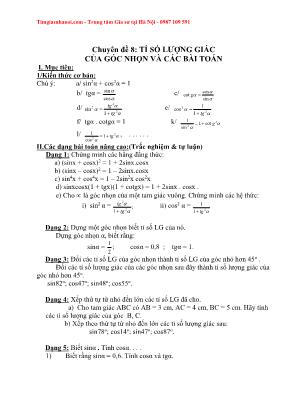 Các chuyên đề ôn thi vào Lớp 10 môn Toán - Chuyên đề 8: Tỷ số lượng giác