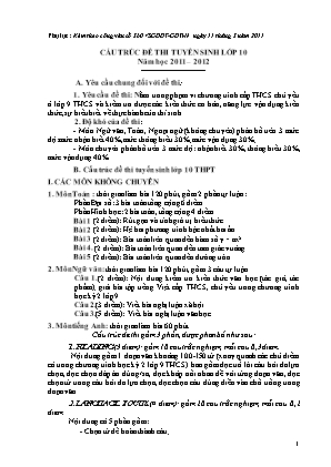 Cấu trúc đề thi tuyển sinh Lớp 10 môn Toán - Năm học 2011 – 2012