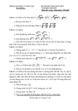 Đề chọn học sinh giỏi huyện môn Toán Lớp 9 - Năm học 2018-2019 - Phòng giáo dục và đào tạo Hà Trung (Có đáp án)