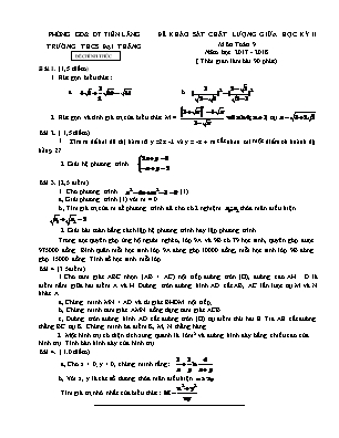 Đề khảo sát chất lượng giữa học kỳ II môn Toán Lớp 9 - Năm học 2017-2018 - Trường THCS Đại Thắng (Có đáp án)