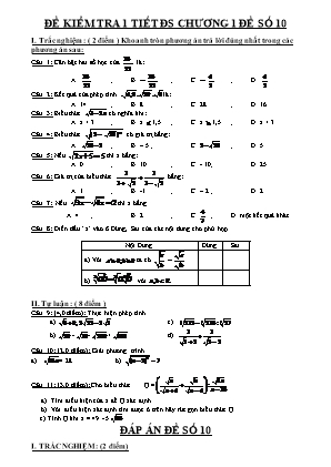 Đề kiểm tra 1 tiết Chương I môn Đại số Lớp 9 - Đề số 10 (Có đáp án)