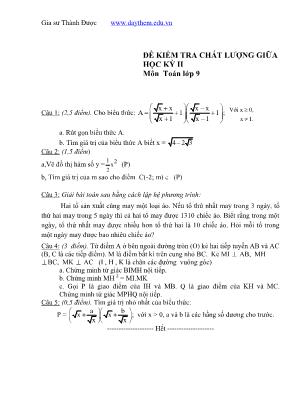 Đề kiểm tra chất lượng giữa học kỳ II môn Toán Lớp 9 (Có đáp án)