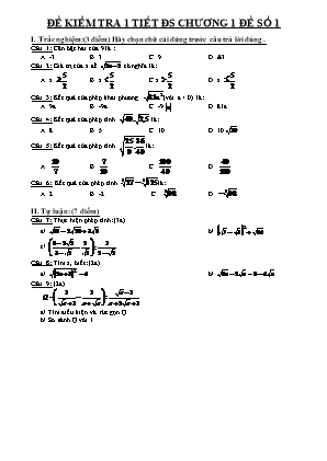 Đề kiểm tra Chương I môn Đại số Lớp 9 - Đề số 1 (Có đáp án)