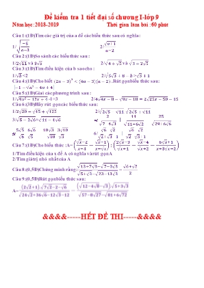 Đề kiểm tra Chương I môn Đại số Lớp 9 - Năm học 2018-2019