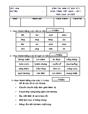 Đề kiểm tra định kỳ học kỳ I môn Tiếng Việt (đọc) Lớp 1