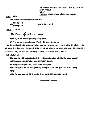 Đề kiểm tra giữa học kì II môn Toán Lớp 9 - Năm học 2010-2011 (Có đáp án)