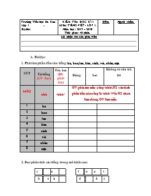 Đề kiểm tra học kì I môn Tiếng Việt Lớp 1 - Năm học 2017-2018 - Trường Tiểu học Đa Kao (Có đáp án)