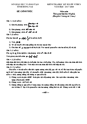 Đề kiểm tra học kỳ 2 môn Toán Lớp 9 - Năm học 2017-2018 - Sở giáo dục và đào tạo Đồng Nai