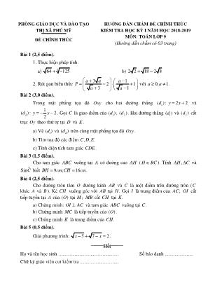 Đề kiểm tra học kỳ I môn Toán Lớp 9 - Năm học 2018-2019 - Phòng GD & ĐT thị xã Phú Mỹ (Có đáp án)