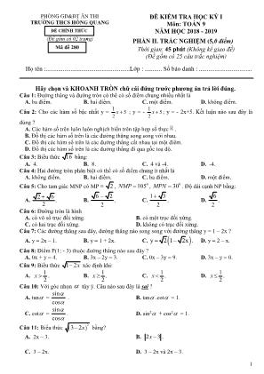 Đề kiểm tra học kỳ I môn Toán Lớp 9 (Phần trắc nghiệm) - Mã đề 280 - Năm học 2018-2019 - Trường THCS Hồng Quang