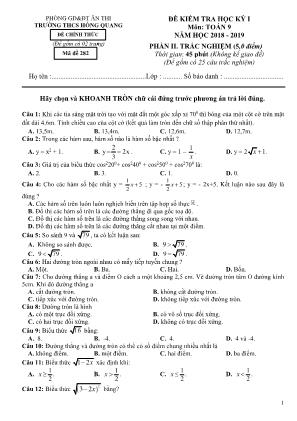 Đề kiểm tra học kỳ I môn Toán Lớp 9 (Phần trắc nghiệm) - Mã đề 282 - Năm học 2018-2019 - Trường THCS Hồng Quang