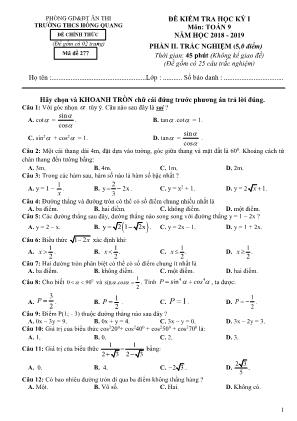 Đề kiểm tra học kỳ I môn Toán Lớp 9 (Phần trắc nghiệm) - Mã đề 277 - Năm học 2018-2019 - Trường THCS Hồng Quang