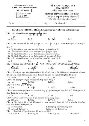 Đề kiểm tra học kỳ I môn Toán Lớp 9 (Phần trắc nghiệm) - Mã đề 279 - Năm học 2018-2019 - Trường THCS Hồng Quang