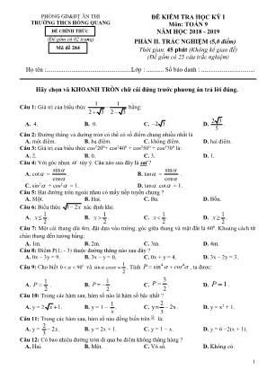 Đề kiểm tra học kỳ I môn Toán Lớp 9 (Phần trắc nghiệm) - Mã đề 284 - Năm học 2018-2019 - Trường THCS Hồng Quang