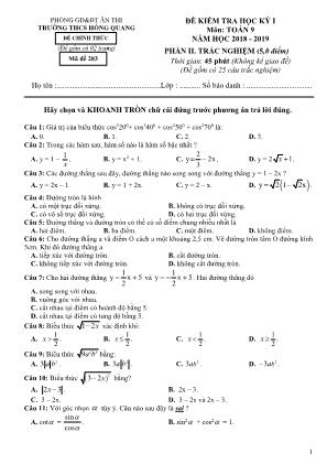 Đề kiểm tra học kỳ I môn Toán Lớp 9 (Phần trắc nghiệm) - Mã đề 283 - Năm học 2018-2019 - Trường THCS Hồng Quang