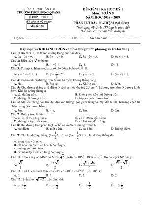 Đề kiểm tra học kỳ I môn Toán Lớp 9 (Phần trắc nghiệm) - Mã đề 278 - Năm học 2018-2019 - Trường THCS Hồng Quang