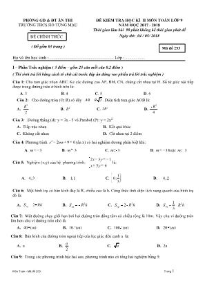 Đề kiểm tra học kỳ II môn Toán Lớp 9 - Mã đề 253 - Năm học 2017-2018 - Trường THCS Hồ Tùng Mậu