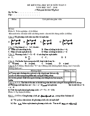 Đề kiểm tra học kỳ II môn Toán Lớp 9 - Năm học 2017-2018 (Có đáp án)
