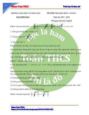 Đề kiểm tra học kỳ II môn Toán Lớp 9 - Năm học 2017-2018 - Phòng GD & ĐT Đan Phượng (Có đáp án)