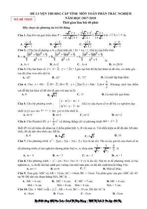 Đề luyện thi học sinh giỏi cấp tỉnh môn Toán Lớp 9 phần trắc nghiệm - Mã đề TP025 - Năm học 2017-2018 - Trình Thị Thúy Phượng