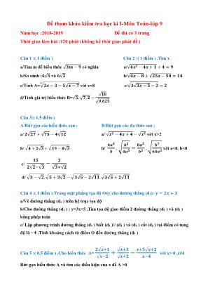 Đề tham khảo kiểm tra học kì 1 môn Toán Lớp 9 - Năm học 2018-2019 (Có đáp án)