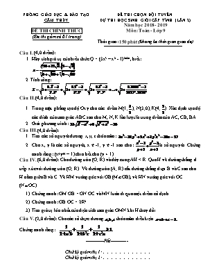 Đề thi chọn đội tuyển dự thi học sinh giỏi cấp tỉnh (lần 2) môn Toán Lớp 9 - Năm học 2018-2019 - Phòng giáo dục và đào tạo Cẩm Thủy (Có đáp án)